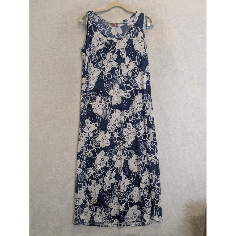 SJS Womens Blue White Floral Maxi Dress Size S Sleeveless Scoop Neck